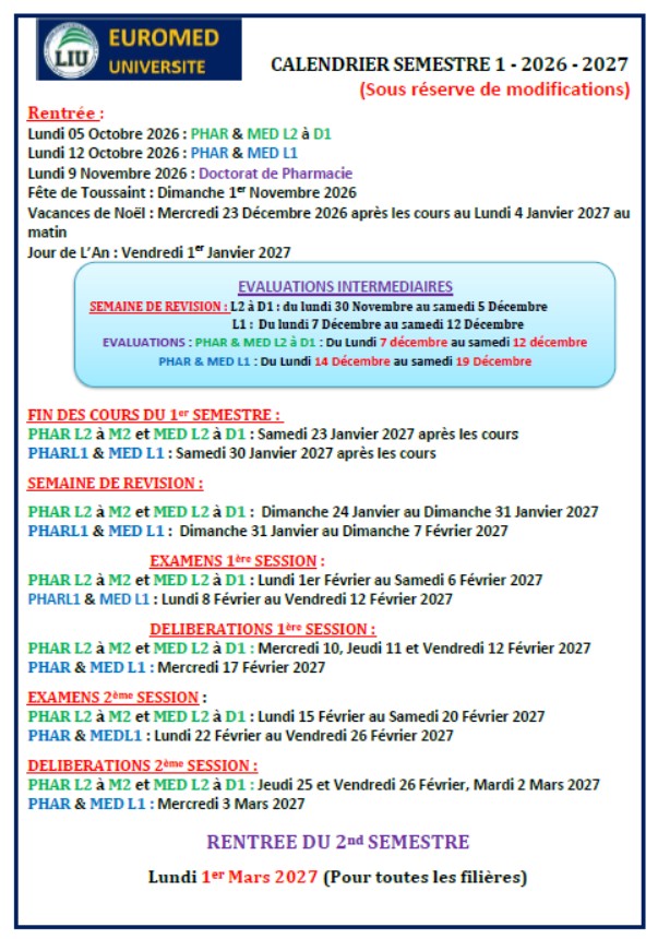 Calendrier académique 2026-2027